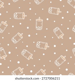 Té de boba o taza de té de leche de burbuja sin patrón de Vector. Dulce postre de té de leche de burbuja de azúcar marrón en vasos para envolver, textiles, tarjetas, papelería y fundas para teléfonos.