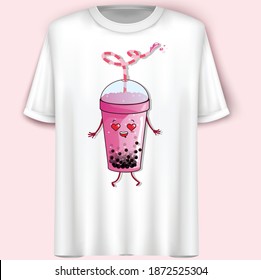 Boba Tea. Bubble Tea Pink Cartoon Character. T-Shirt Design.Vector Illustration.
