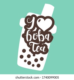 Boba tea cup with lettering. Cute Asian bubble milk and juice tea icons. Can be used for poster, logo, web, coffee shop banner. Pearl milk tea in hand drawn style. Nai cha drink doodle vector.