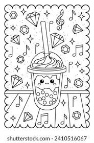 Boba tea in a glass to go. Cute kawaii character, diamonds, music notes. Sweets, dessert. Cute coloring page for kids and adults, black and white vector illustration.