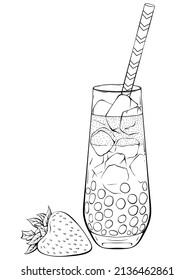 Boba tea in a glass. Taiwanese bubble milk tea. Black pearls popular drink. Vector hand drawn sketch illustration isolated on white. Design for print, coloring book page, menu