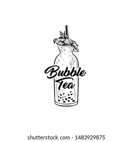Boba tea hand drawn vector illustration. Delicious summer refreshment, taiwan herbal drink ink pen freehand drawing with lettering. Fresh beverage with mint leaves, tapioca pearls and straw