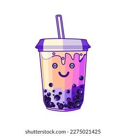 Boba tea lavender flavor with funny face cartoon vector illustration 