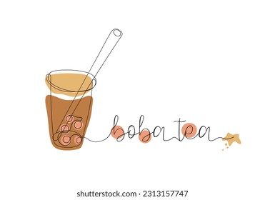 Boba tea one line illustration. Cup of ubble drink vector drawing with lettering isolated on white background 