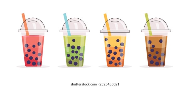 Boba tea in plastic glasses set. Asian drink. Bubble milk tea with tapioca pearls. Vector illustration