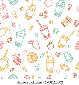 Boba tea seamless pattern. Cups, cocktail, juice, fruits, mango, orange, strawberry, chocolate, caramel, heart, leaves. Bubble milk tea with tapioca ball on white background. vector illustration