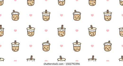 Boba tea seamless pattern vector bubble milk tea heart valentine scarf isolated repeat wallpaper tile background illustration doodle design