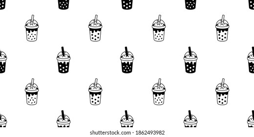 Boba tea seamless pattern vector bubble milk tea tile background scarf isolated repeat wallpaper doodle illustration design