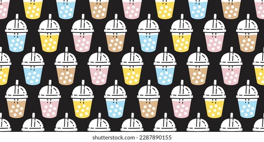 Boba tea seamless pattern vector bubble milk tea gift wrapping paper repeat wallpaper tile background scarf isolated illustration doodle design