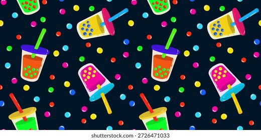 boba tea vector seamless background with colorful cocktail cups and tapioca balls on dark backdrop for gift wrapping textile design