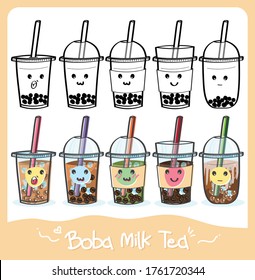 Boba(Bubble) tea cup design collection, Pearl milk tea, coffee and Masha tea with doodle style. (Vector)