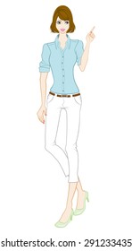 Bobbed Hair women Gesturing -Pointing -full length