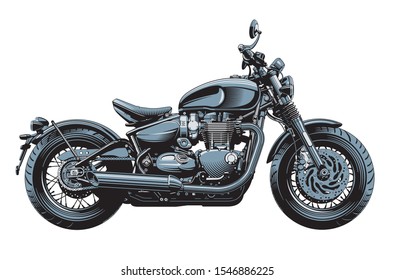 Bobber or chopper motorcycle, side view, isolated on white background. Monochrome hi-detailed vector illustration.