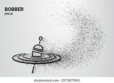 A bobber depicted with small circles and dots, with particles swirling around it. Vector illustration.