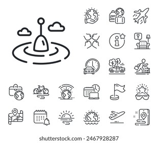 Bobber for rod sign. Plane jet, travel map and baggage claim outline icons. Fishing float line icon. Fisherman tackle symbol. Fishing float line sign. Car rental, taxi transport icon. Vector