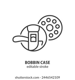 Bobbin case for sewing machine with spool line icon. Tailor equipment outline symbol. Editable stroke. Vector illustration.