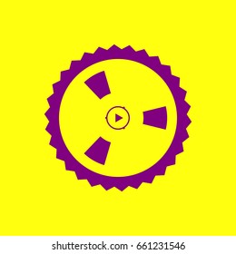 Bobbin icon. Film bobbin. Vector. Violet label with hole as icon on yellow background.