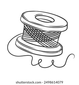 Bobbin of thread line icon. Hand drawn retro wooden spool of yarn roll, tailors tool to sew fabric. Tailoring equipment mascot, doodle prewound bobbin for sewing machine icon vector illustration