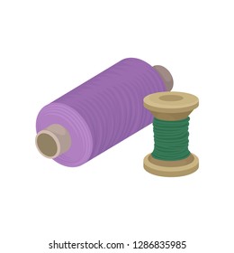 Bobbins with purple and green threads. Materials for sewing. Flat vector element for poster of needlework shop