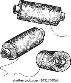 Bobbins with threads for sewing or sewing machine in three different angles. Sketch in graphic technique. Vector illustration.