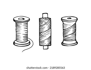 Bobbins with threads for sewing. Sketch in graphic technique. Vector illustration.