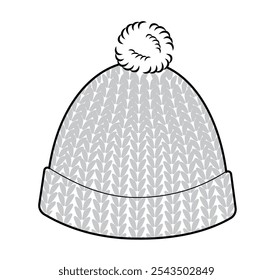 Bobble Crochet Hat with pompom. Knitted Winter Head Fashion accessory cap clothing technical illustration. Vector headgear for Men, women unisex style, flat template CAD mockup sketch outline isolated