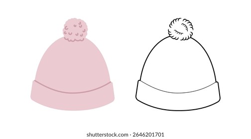 Bobble Hat with pompom. Knitted Winter Head Fashion accessory cap clothing technical illustration. Vector headgear for Men, women, unisex style, flat template CAD mockup sketch outline isolated