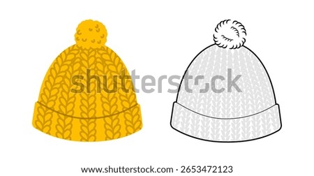 Bobble Hat with pompom. Knitted Winter Head Fashion accessory cap clothing technical illustration. Vector headgear for Men, women, unisex style, flat template CAD mockup sketch outline isolated
