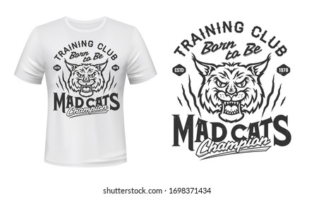 Bobcat animal head mascot vector design of sport club t-shirt print. Lynx wild cat roaring with open mouth, scratch marks and lettering, angry carnivore wildcat mascot of sporting custom apparel