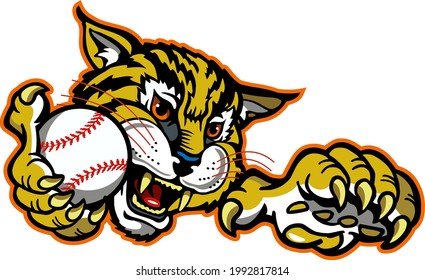 bobcat baseball team mascot holding ball for school, college or league