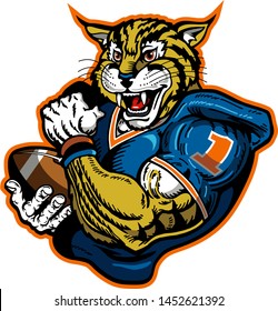 bobcat football mascot holding ball in hand for school, college or league