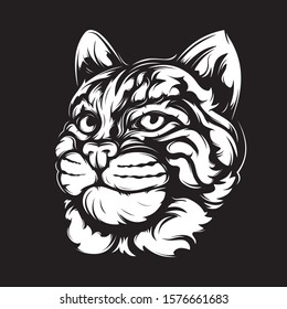 Bobcat head vector illustration. Wild lynx looking straight forward. Black and white bob cat logo.