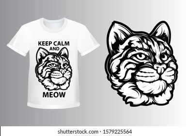 Bobcat head vector illustration. Wild lynx looking straight forward. T-shirt design. Kitten. Cat face. Cougar. Wild cat. Tiger. Mascot animal. Wildlife. Black and white bob cat logo.