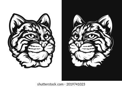 Bobcat head vector illustration. Wild lynx looking straight forward. Black and white bob cat logo.