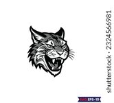 Bobcat Logo Monochrome Design Style. wild lynx looking straight forward - bobcat en face head black and white vector design
