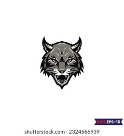 Bobcat Logo Monochrome Design Style. wild lynx looking straight forward - bobcat en face head black and white vector design
