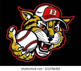 bobcat mascot holding baseball for school, college or league