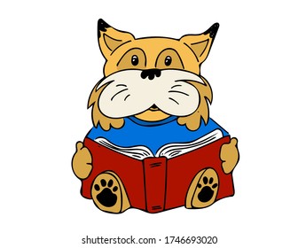 Bobcat mascot reading a red book for kids
