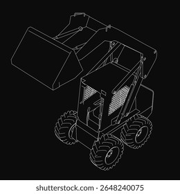 Bobcat skid steer loader sketched in black and white on a dark background, featuring large wheels, a prominent cab, and a detailed, sketch-like style. The minimalist design highlights the machine's.