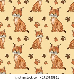 Bobcat,paw On Soft Beige Background.Cute Cartoon Lynx Character.Vector Seamless Pattern.Illustration With Red Wild Animal In Childish Style.Colorful Design For Kids 
 Book,card,print,fabric,texstile.