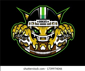 bobcats football mascot wearing helmet and half ball for school, college or league