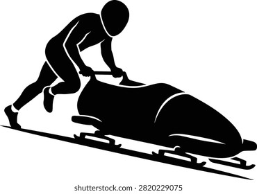 Bobsled athlete, pushing sled, winter sport, race.