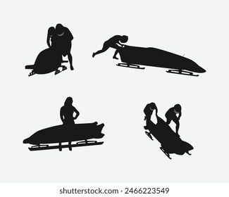 Bobschlitten, Bobschlitten Silhouetten Set. Wintersport, Wettkampf, Athlet, Reiten. Vektorillustration.