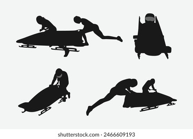 Bobschlitten, Bobschlitten Silhouetten Set. Wintersport, Wettkampf, Athlet, Reiten. Vektorillustration.