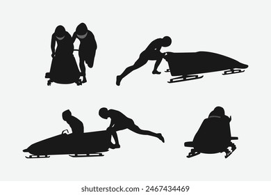 Bobsled, Bobsleigh Silhouettes set. Winter sport, competition, athlete, riding. Vector illustration.