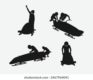 Bobschlitten, Bobschlitten Silhouetten Set. Wintersport, Wettkampf, Athlet, Reiten. Vektorillustration.