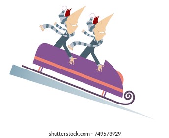 Bobsled cartoon illustration isolated. Two cartoon men ride on sledge 
