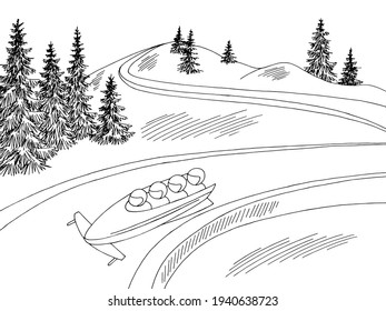 Bobsled riding downhill winter sport graphic black white landscape sketch illustration vector