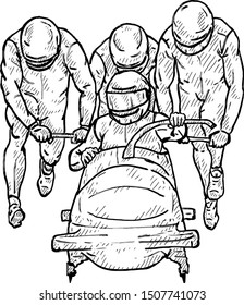 A bobsled team pushing a sled. Hand drawn vector illustration. 