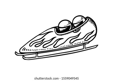 Bobsled winter sport. Gravity powered sleigh. Two athlete riders on a sled. Engraved hand drawn in old doodle vintage sketch. Vector illustration